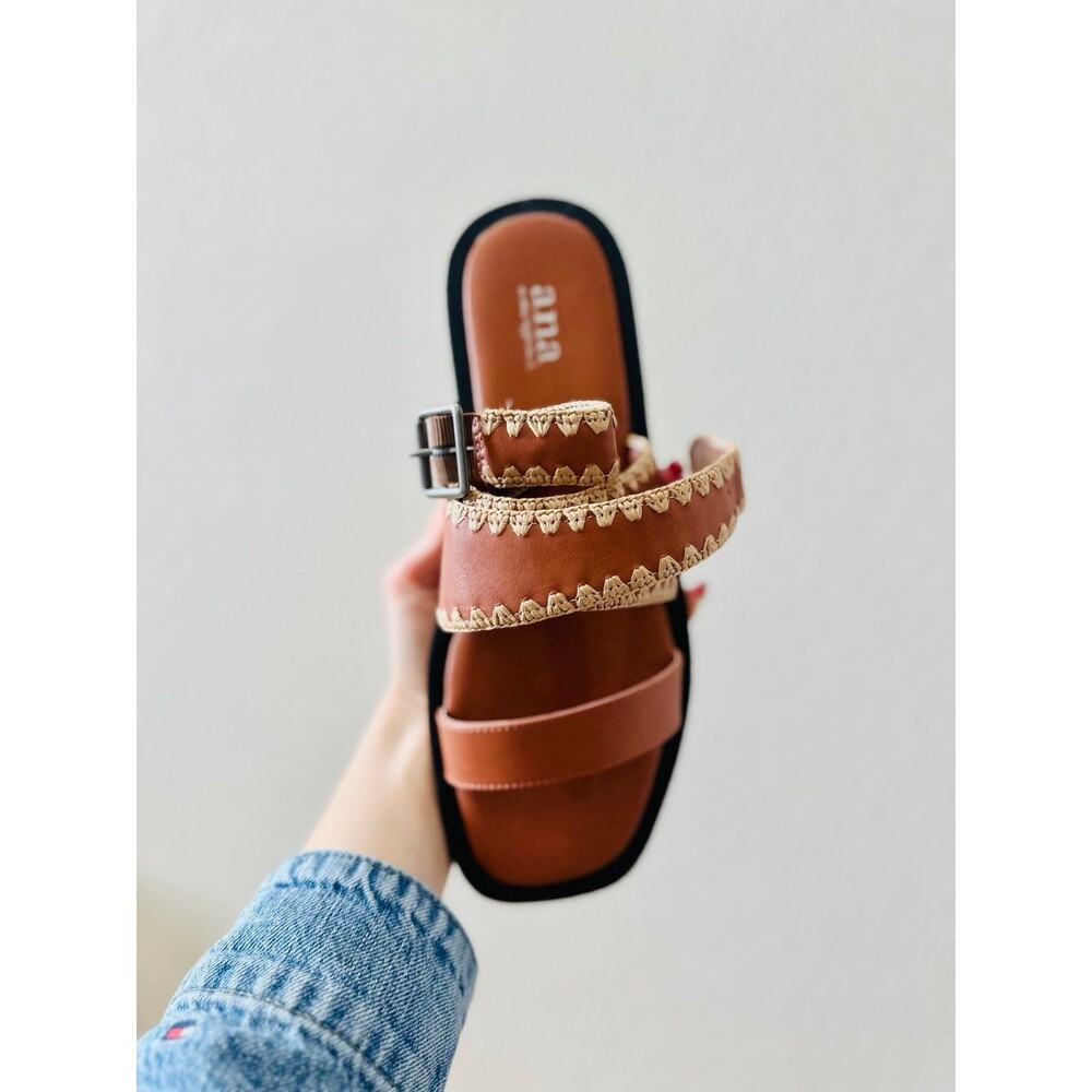 a.n.a Cognac Whipstitch Ankle Wrap Flat Sandals Women's Size 9 NWT Boho